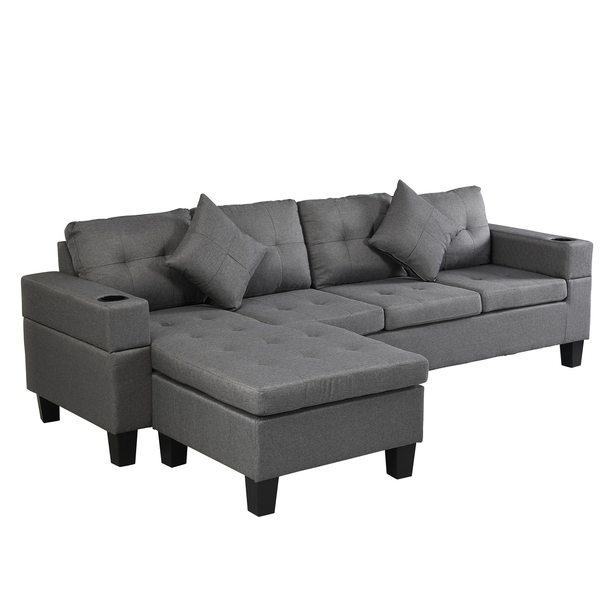 Sectional Sofa Set For Living Room With L Shape Chaise Lounge ,Cup Holder And Left Or Right Hand Chaise Modern 4 Seat Grey Fabric