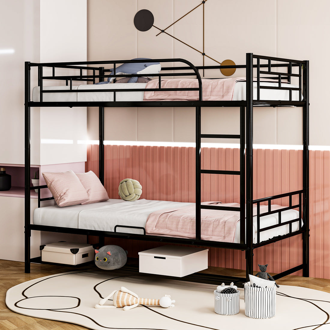 Twin Over Twin Metal Bunk Bed With Shelf And Guardrails, Black Black Steel