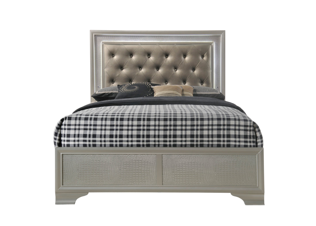 Modern Champagne Crocodile Skin Finish Upholstered 1Pc Full Size Led Panel Bed Faux Diamond Tufted Bedroom Furniture Champagne Solid Wood