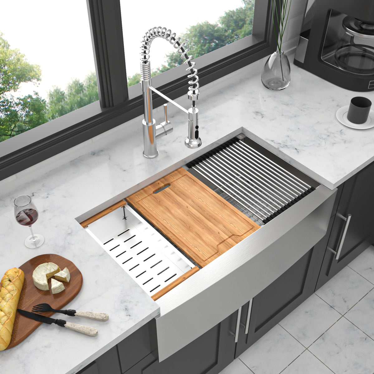36 Farmhouse Sink Workstation 36*22*10 Inch Kitchen Sink Stainless Steel 16 Gauge Apron Front Kitchen Sink Brushed Nickel Stainless Steel
