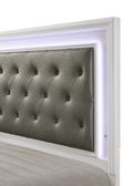 Modern White Crocodile Skin Finish Upholstered 1Pc Queen Size Led Panel Bed Faux Diamond Tufted Bedroom Furniture White Solid Wood