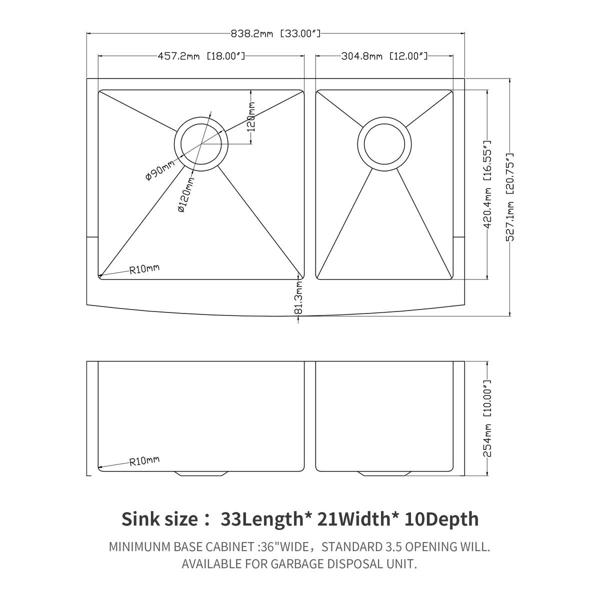 Double Bowl 60 40 Farmhouse Sink 33"X21"X10" Stainless Steel Apron Front Kitchen Sink 16 Gauge With Two 10" Deep Basin Brushed Nickel Stainless Steel