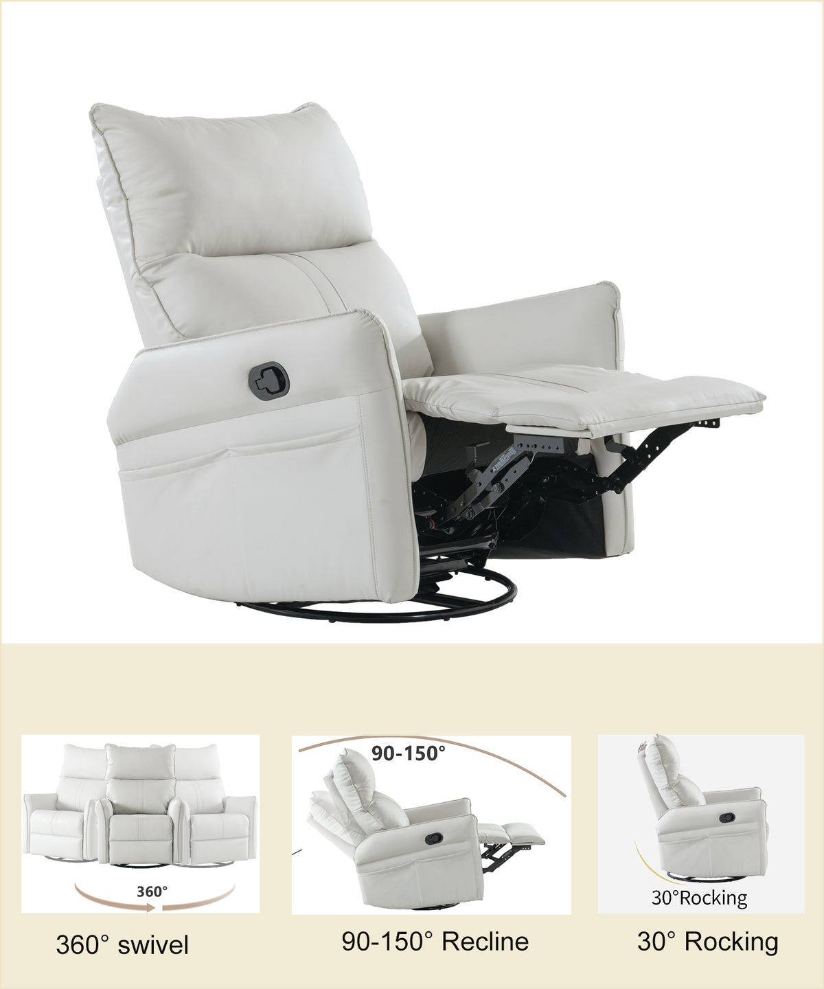 Rocking Recliner Chair,360 Degree Swivel Nursery Rocking Chair,Glider Chair,Modern Small Rocking Swivel Recliner Chair For Bedroom,Living Room Chair Home Theater Seat,Side Pocket Light Gray Solid Light Brown Primary Living Space Push Button Rubberwood
