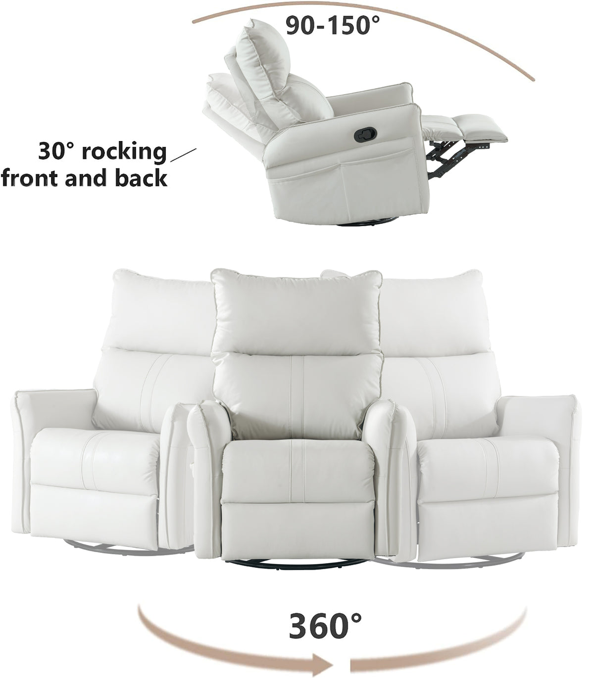 Rocking Recliner Chair,360 Degree Swivel Nursery Rocking Chair,Glider Chair,Modern Small Rocking Swivel Recliner Chair For Bedroom,Living Room Chair Home Theater Seat,Side Pocket Light Gray Solid Light Brown Primary Living Space Push Button Rubberwood