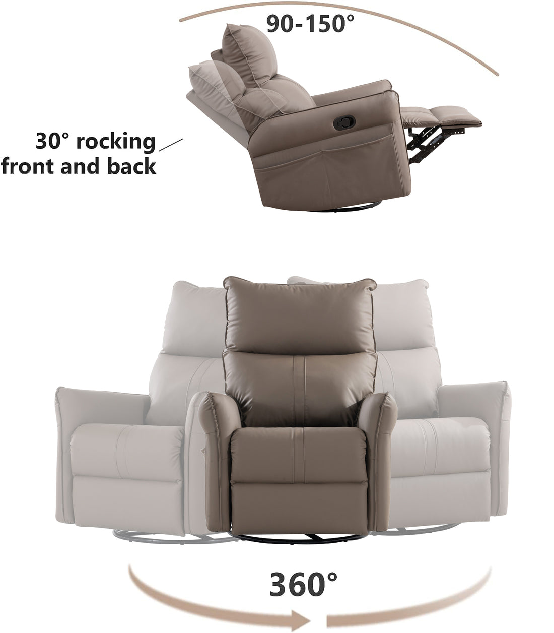 Rocking Recliner Chair,360 Degree Swivel Nursery Rocking Chair,Glider Chair,Modern Small Rocking Swivel Recliner Chair For Bedroom,Living Room Chair Home Theater Seat,Side Pocket Brown Solid Brown
