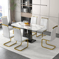 A Modern, Minimalist, And Luxurious Dining Table With A White Imitation Marble Tabletop And Mdf Legs With U Shaped Brackets. Tables In Restaurants And Living Rooms 63