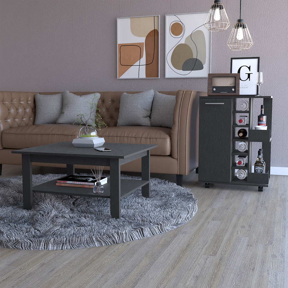 Payson 2 Piece Living Room Set, Bar Cart Coffee Table, Black Black Primary Living Space Shelves Rectangular Engineered Wood