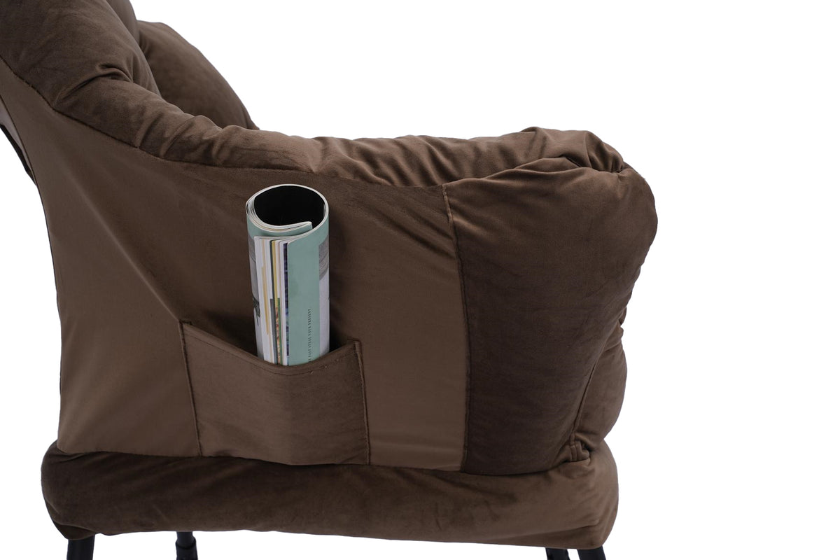 Living Room Chairs Modern Cotton Fabric Lazy Chair, Accent Contemporary Lounge Chair, Single Steel Frame Leisure Sofa Chair With Armrests And A Side Pocket Brown ,With Ottoman ,With Footrest Brown Polyester Metal Soft Polyester Fiber Pad Fabric 1 Seat