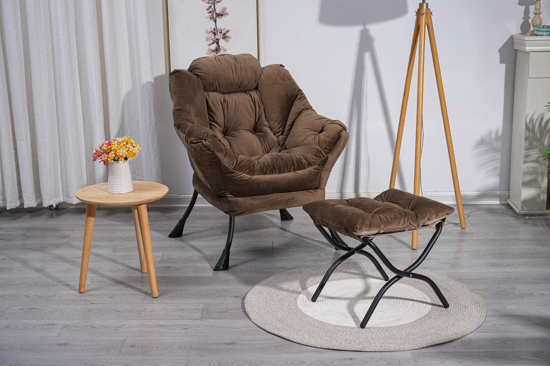 Living Room Chairs Modern Cotton Fabric Lazy Chair, Accent Contemporary Lounge Chair, Single Steel Frame Leisure Sofa Chair With Armrests And A Side Pocket Brown ,With Ottoman ,With Footrest Brown Polyester Metal Soft Polyester Fiber Pad Fabric 1 Seat