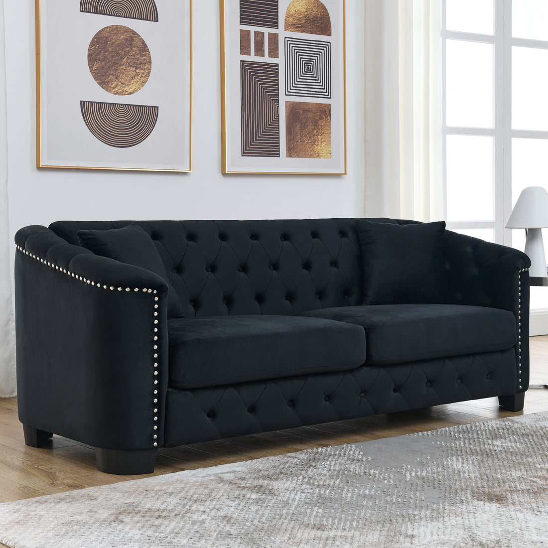 77 Inch Modern Chesterfield Velvet Sofa, 3 Seater Sofa, Upholstered Tufted Backrests With Arms And 2 Cushions For Living Room, Bedroom, Apartment, Office Black Black Primary Living Space Foam Velvet 3 Seat