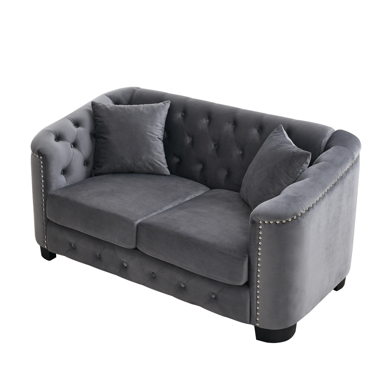 59 Inch Modern Chesterfield Velvet Sofa, 2 Seater Sofa, Upholstered Tufted Backrests With Arms And 2 Cushions For Living Room, Bedroom, Apartment, Office Grey Grey Primary Living Space Foam Velvet 2 Seat