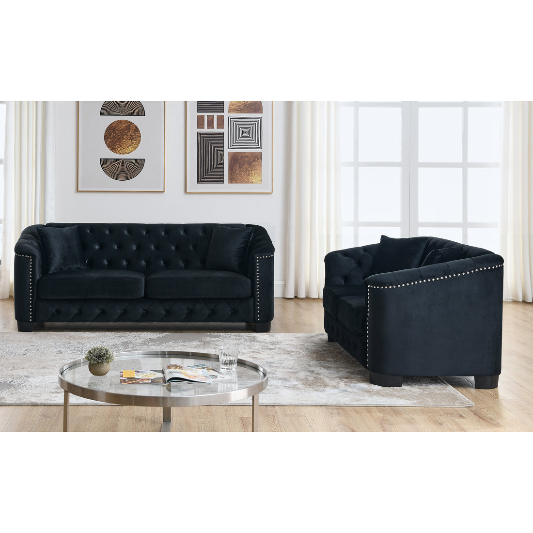 3 Seater 2 Seater Combination Sofa.Velvet Black Black Foam Velvet 5 Seat