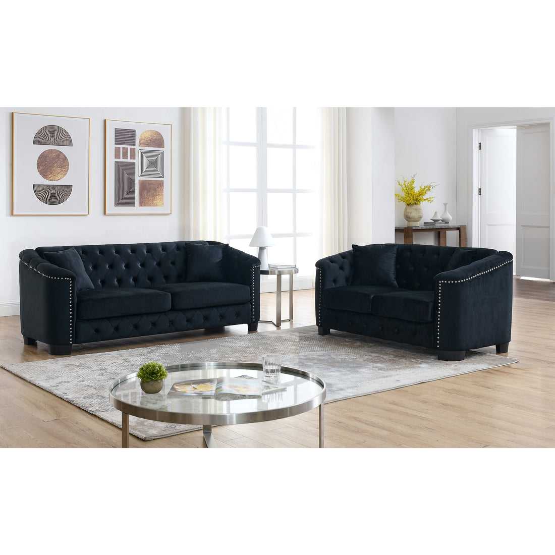 3 Seater 2 Seater Combination Sofa.Velvet Black Black Foam Velvet 5 Seat