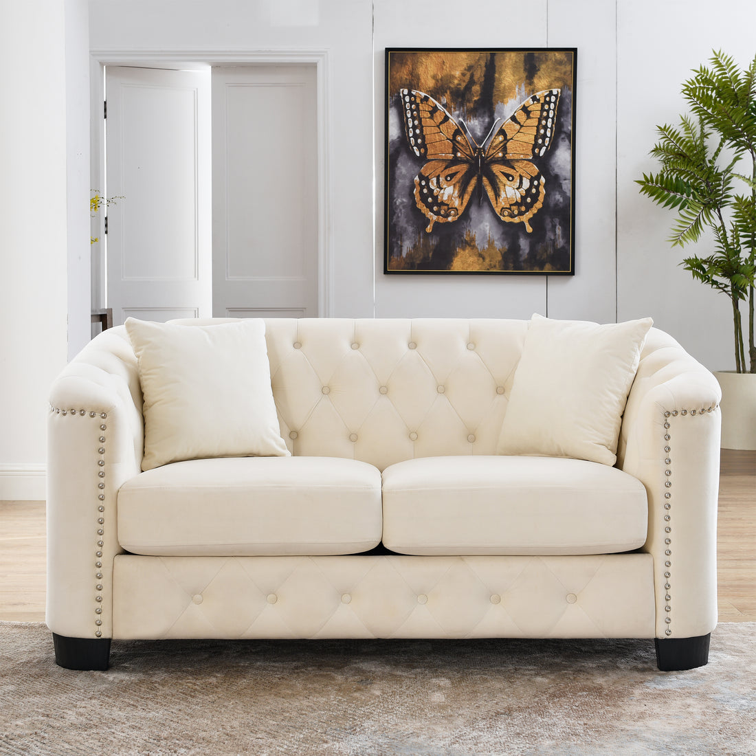 59 Inch Modern Chesterfield Velvet Sofa, 2 Seater Sofa, Upholstered Tufted Backrests With Arms And 2 Cushions For Living Room, Bedroom, Apartment, Office Beige Beige Primary Living Space Foam Velvet 2 Seat