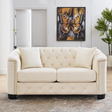 59 Inch Modern Chesterfield Velvet Sofa, 2 Seater Sofa, Upholstered Tufted Backrests With Arms And 2 Cushions For Living Room, Bedroom, Apartment, Office Beige Beige Primary Living Space Foam Velvet 2 Seat