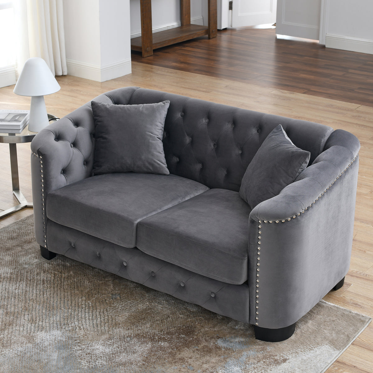 59 Inch Modern Chesterfield Velvet Sofa, 2 Seater Sofa, Upholstered Tufted Backrests With Arms And 2 Cushions For Living Room, Bedroom, Apartment, Office Grey Grey Primary Living Space Foam Velvet 2 Seat