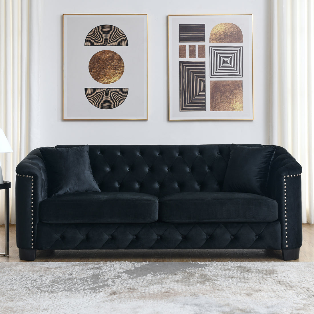 77 Inch Modern Chesterfield Velvet Sofa, 3 Seater Sofa, Upholstered Tufted Backrests With Arms And 2 Cushions For Living Room, Bedroom, Apartment, Office Black Black Primary Living Space Foam Velvet 3 Seat