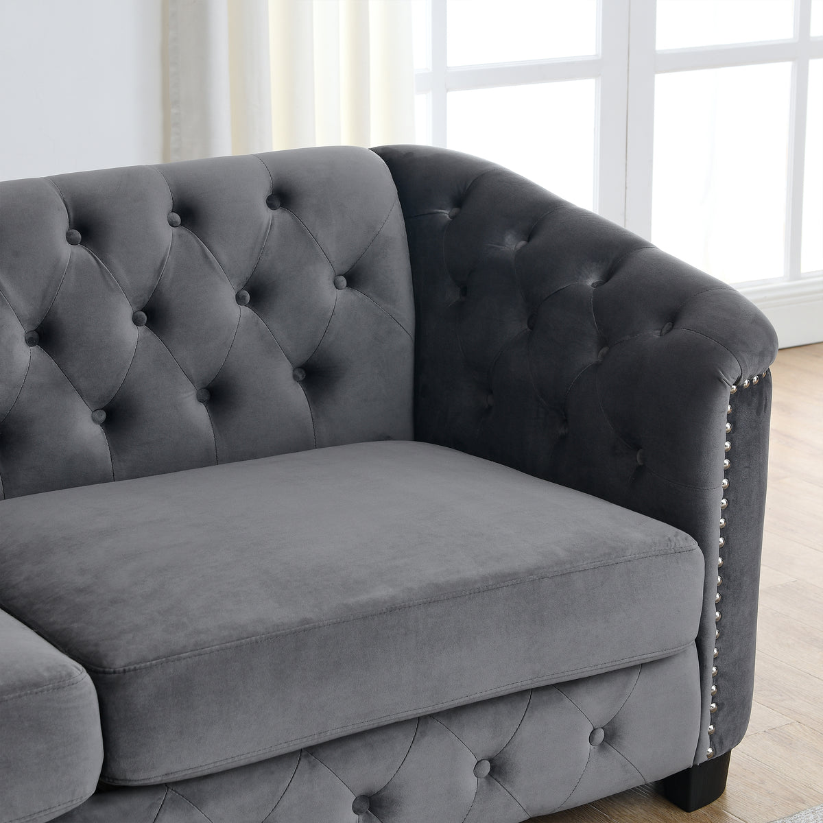 3 Seater 3 Seater Combination Sofa.Velvet Grey Grey Foam Velvet 6 Seat