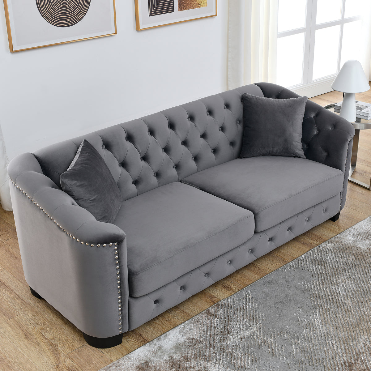 3 Seater 3 Seater Combination Sofa.Velvet Grey Grey Foam Velvet 6 Seat
