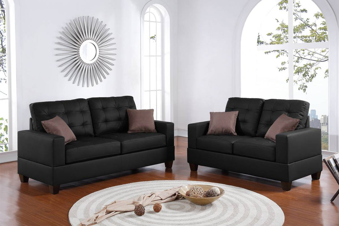 Living Room Furniture 2Pc Sofa Set Black Faux Leather Tufted Sofa Loveseat W Pillows Cushion Couch Black Faux Leather Wood Primary Living Space Tufted Back Contemporary,Modern Pine Square Arms Particle Board 4 Seat