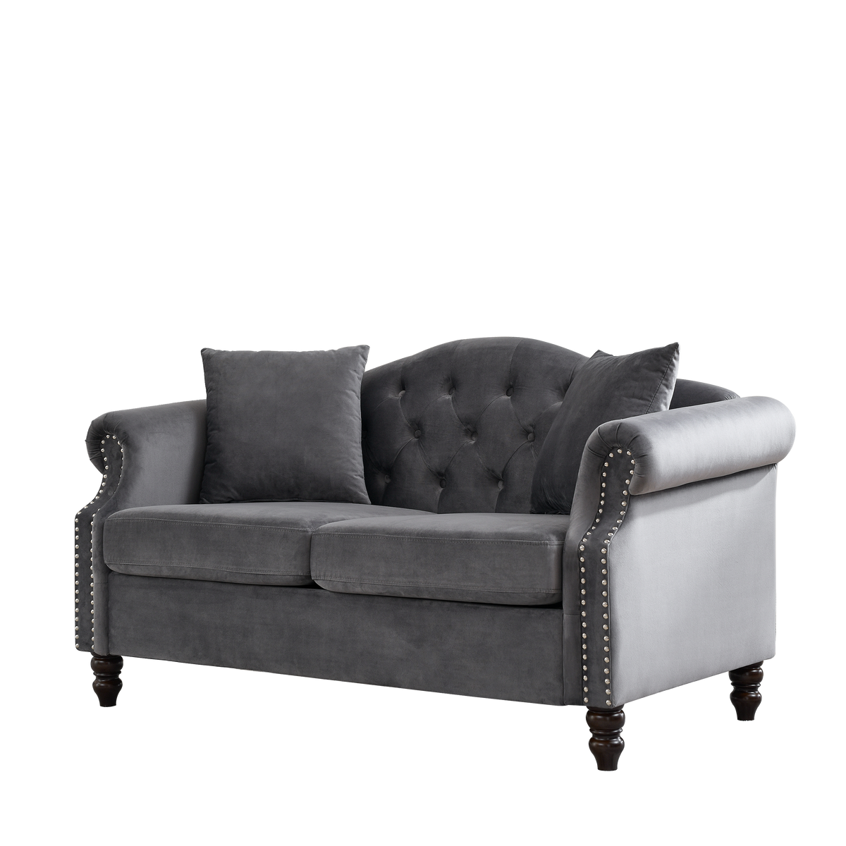 57" Chesterfield Sofa Grey Velvet For Living Room, 2 Seater Sofa Tufted Couch With Rolled Arms And For Living Room, Bedroom, Office, Apartment, Two Pillowsw834S00073 Grey Foam Velvet
