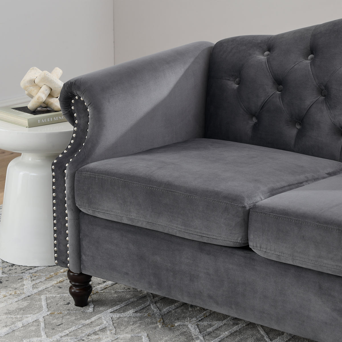 57" Chesterfield Sofa Grey Velvet For Living Room, 2 Seater Sofa Tufted Couch With Rolled Arms And For Living Room, Bedroom, Office, Apartment, Two Pillowsw834S00073 Grey Foam Velvet