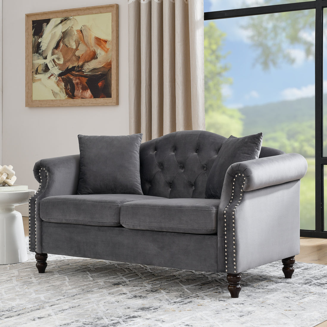 57" Chesterfield Sofa Grey Velvet For Living Room, 2 Seater Sofa Tufted Couch With Rolled Arms And For Living Room, Bedroom, Office, Apartment, Two Pillowsw834S00073 Grey Foam Velvet
