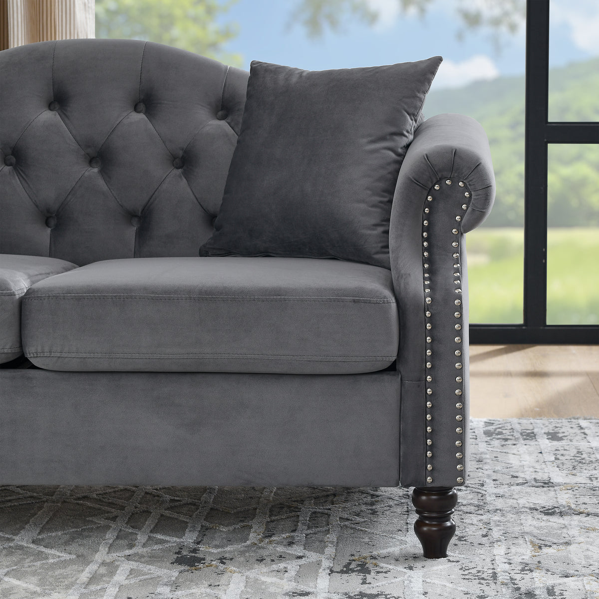 57" Chesterfield Sofa Grey Velvet For Living Room, 2 Seater Sofa Tufted Couch With Rolled Arms And For Living Room, Bedroom, Office, Apartment, Two Pillowsw834S00073 Grey Foam Velvet
