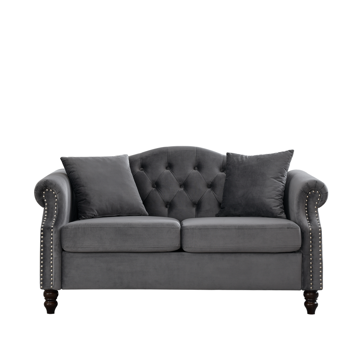 57" Chesterfield Sofa Grey Velvet For Living Room, 2 Seater Sofa Tufted Couch With Rolled Arms And For Living Room, Bedroom, Office, Apartment, Two Pillowsw834S00073 Grey Foam Velvet