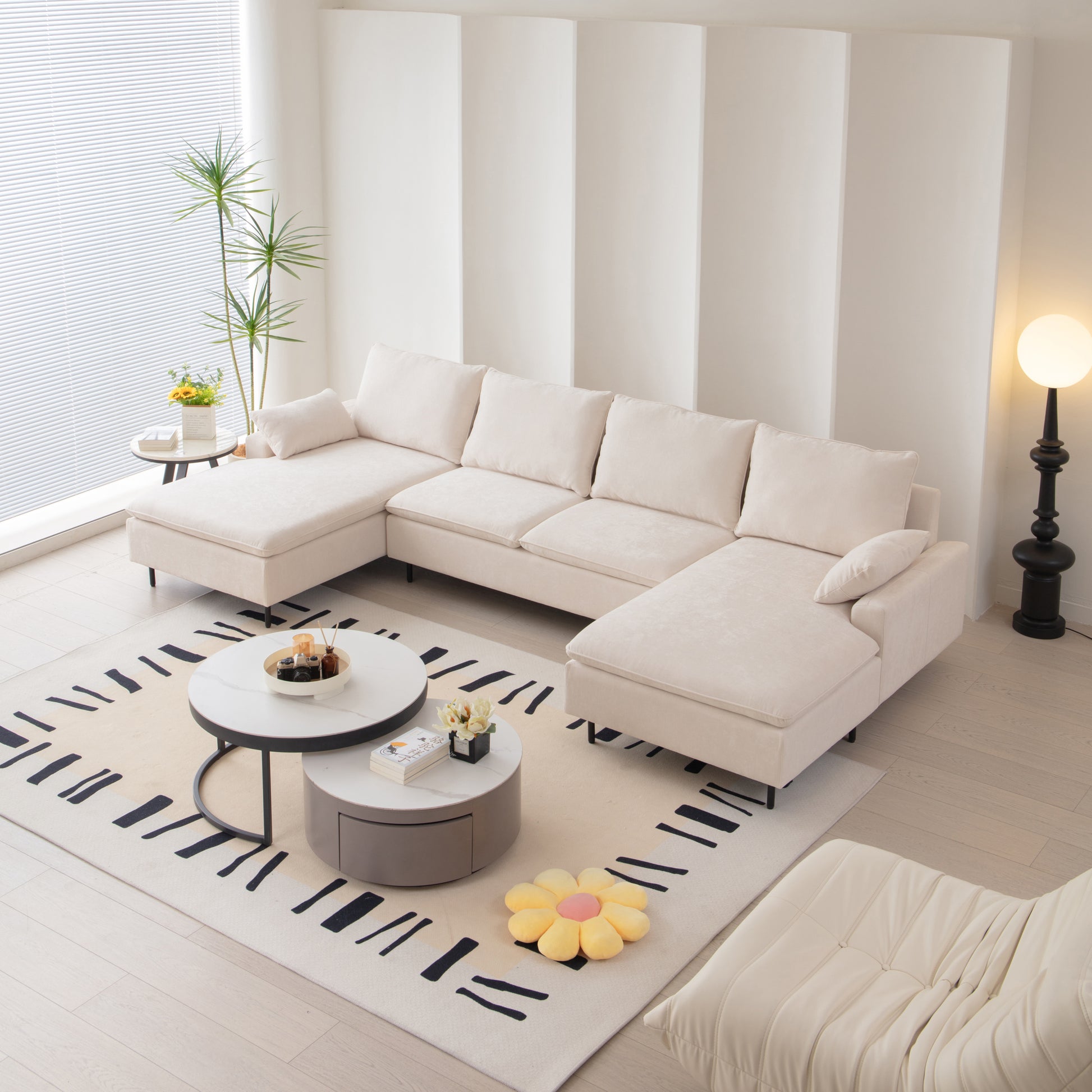 U Shaped Linen Sectional Sofa With Double Chaises,Beige Beige Foam Fabric 4 Seat
