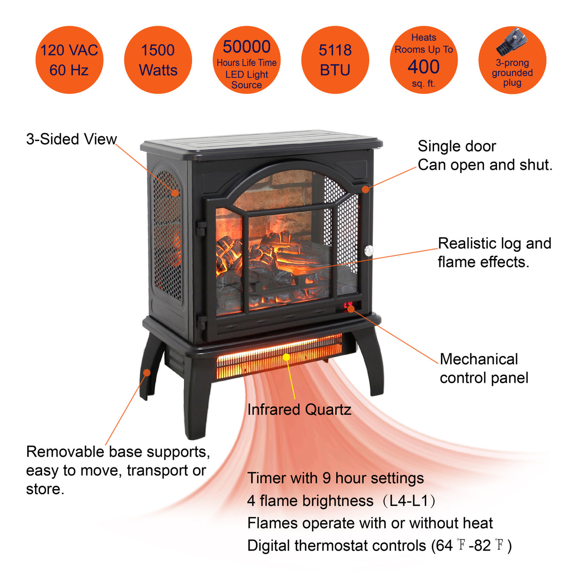 18 Inch 3D Flame Electric Infrared Quartz Fireplace Stove With Remote Control Powder Coated Electric Yes Antique Black Vent Free Yes Freestanding Tempered Glass Sheet Metal Electric