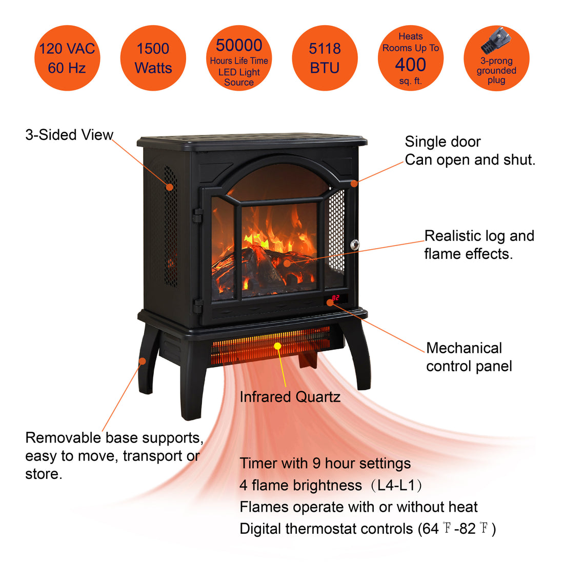 18 Inch 3D Flame Electric Infrared Quartz Fireplace Stove With Remote Control Powder Coated Electric Yes Antique Black Vent Free Yes Freestanding Tempered Glass Sheet Metal Electric