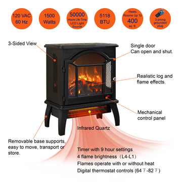 18 Inch 3D Flame Electric Infrared Quartz Fireplace Stove With Remote Control Powder Coated Electric Yes Antique Black Vent Free Yes Freestanding Tempered Glass Sheet Metal Electric