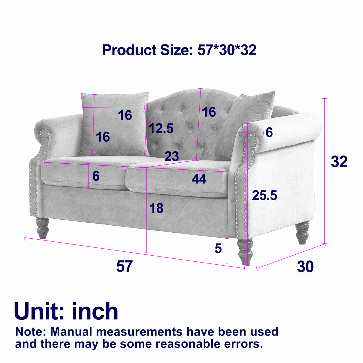 57" Chesterfield Sofa Grey Velvet For Living Room, 2 Seater Sofa Tufted Couch With Rolled Arms And For Living Room, Bedroom, Office, Apartment, Two Pillowsw834S00073 Grey Foam Velvet