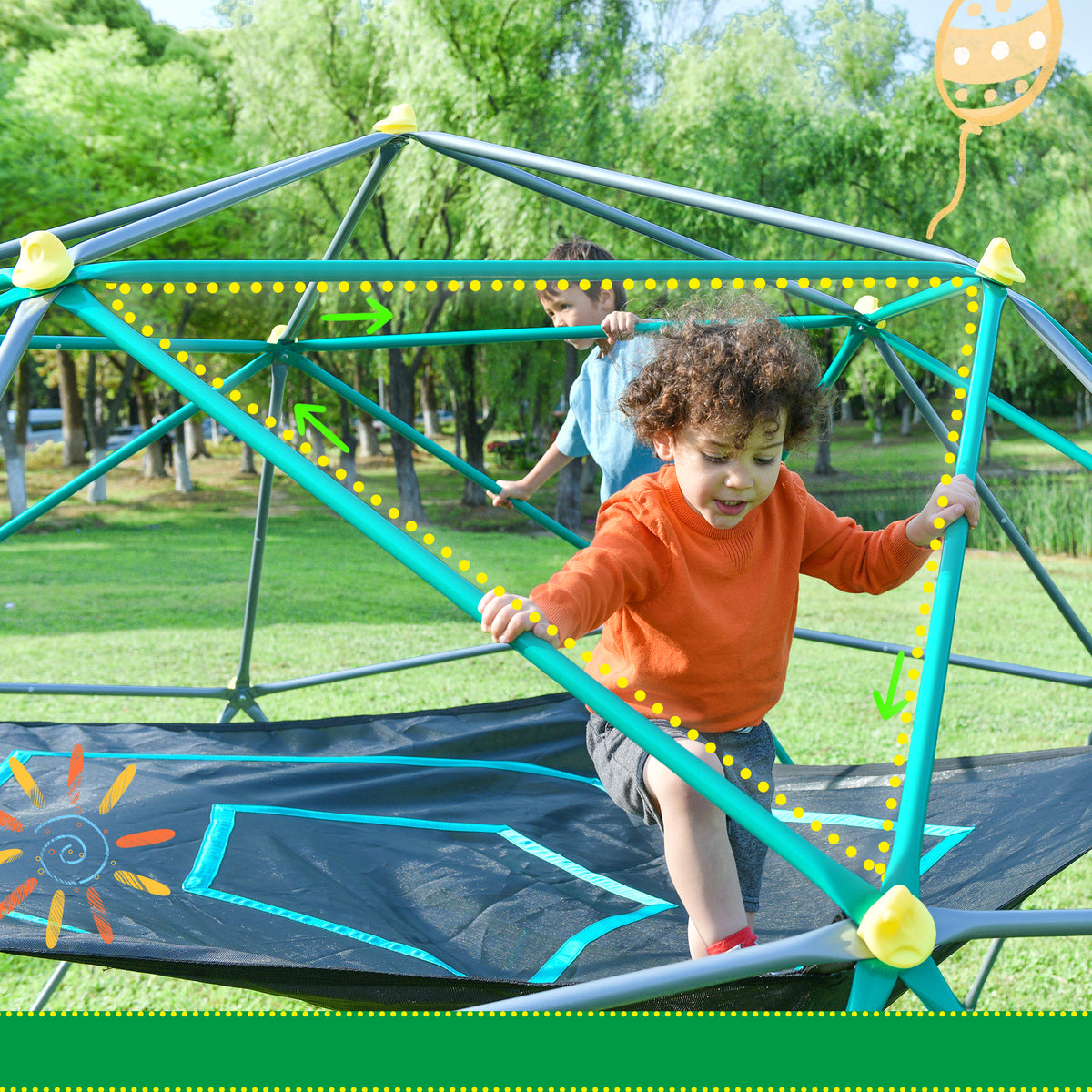 13Ft Geometric Dome Climber Play Center, Kids Climbing Dome Tower With Hammock, Rust & Uv Resistant Steel Supporting 1000 Lbs Green Metal