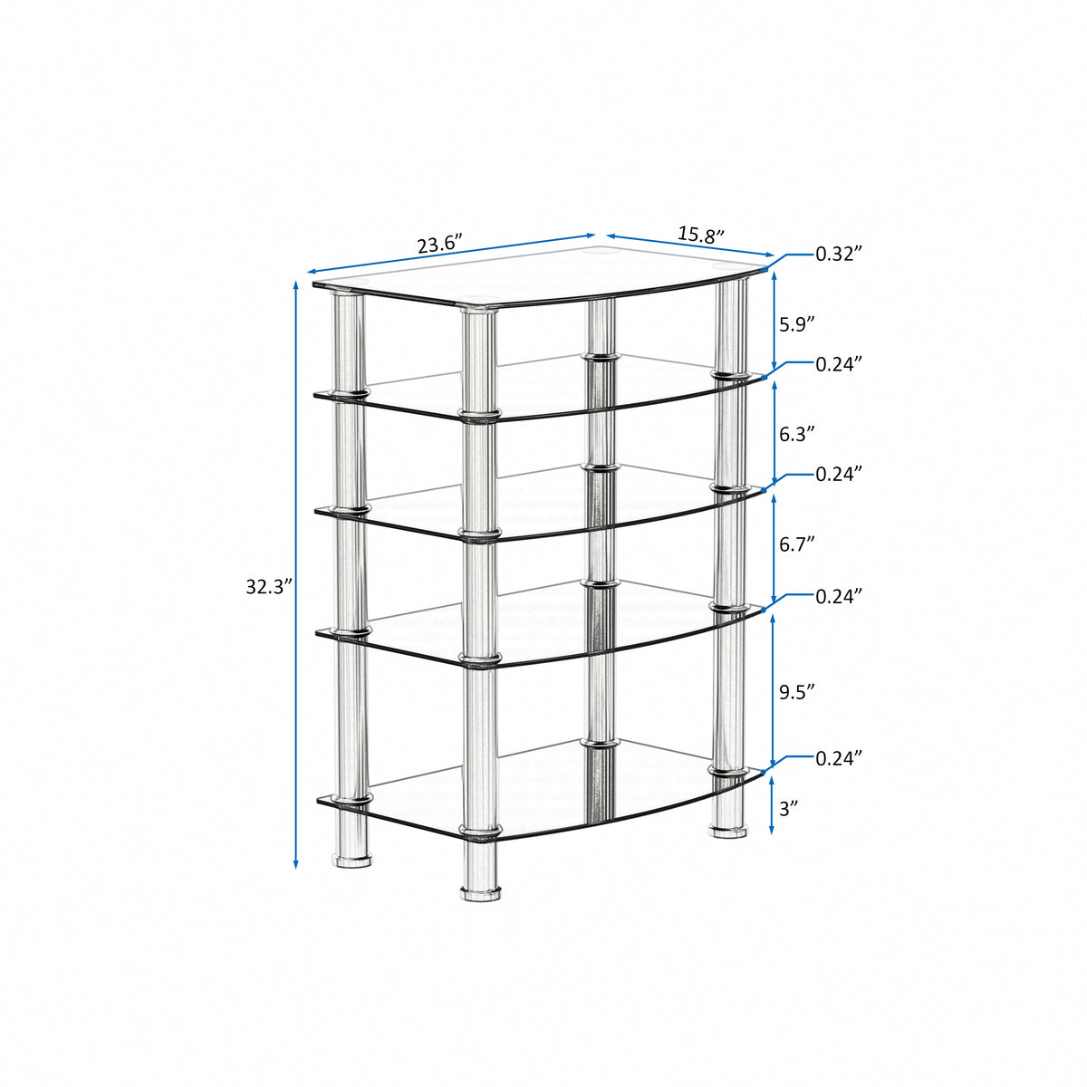 5 Tier Tempered Glass Side Table Stainless Steel Frame End Table For Living Room, Bedroom, Black Black Tempered Glass