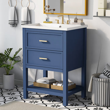 24'' Bathroom Vanity With Top Sink, Modern Bathroom Storage Cabinet With 2 Drawers, Single Sink Bathroom Vanity Blue Mdf