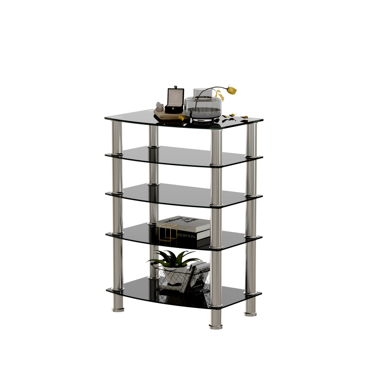 5 Tier Tempered Glass Side Table Stainless Steel Frame End Table For Living Room, Bedroom, Black Black Tempered Glass