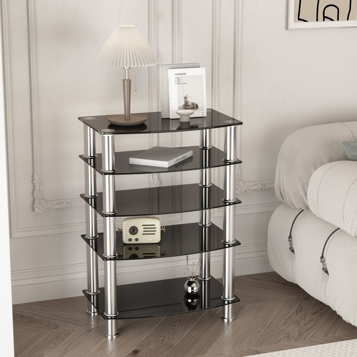 5 Tier Tempered Glass Side Table Stainless Steel Frame End Table For Living Room, Bedroom, Black Black Tempered Glass