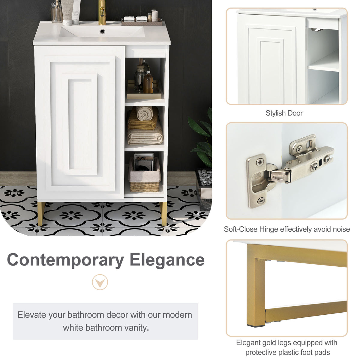 24Inch White Bathroom Vanity Sink Combo For Small Space, Modern Design With Ceramic Basin, Gold Legs And Semi Open Storage Faucet Not Included White Mdf