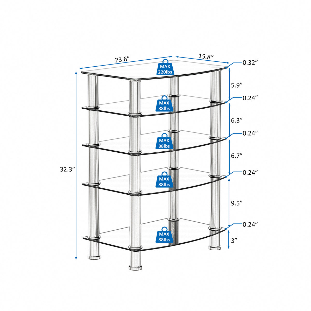 5 Tier Tempered Glass Side Table Stainless Steel Frame End Table For Living Room, Bedroom, Black Black Tempered Glass