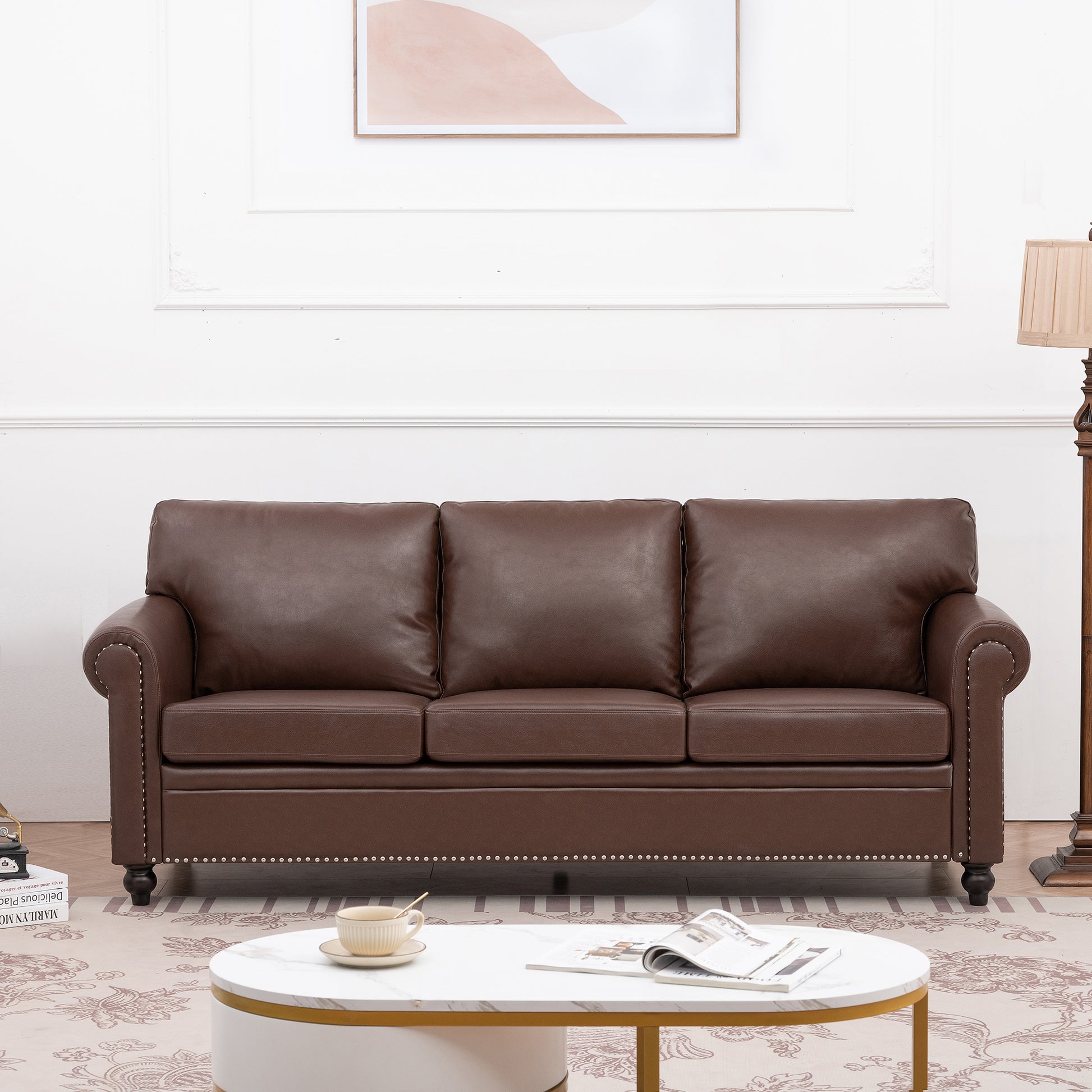 3 Seater Sofa. Brown Pu Foam Fabric