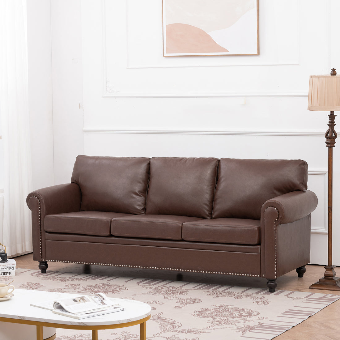 3 Seater Sofa. Brown Pu Foam Fabric