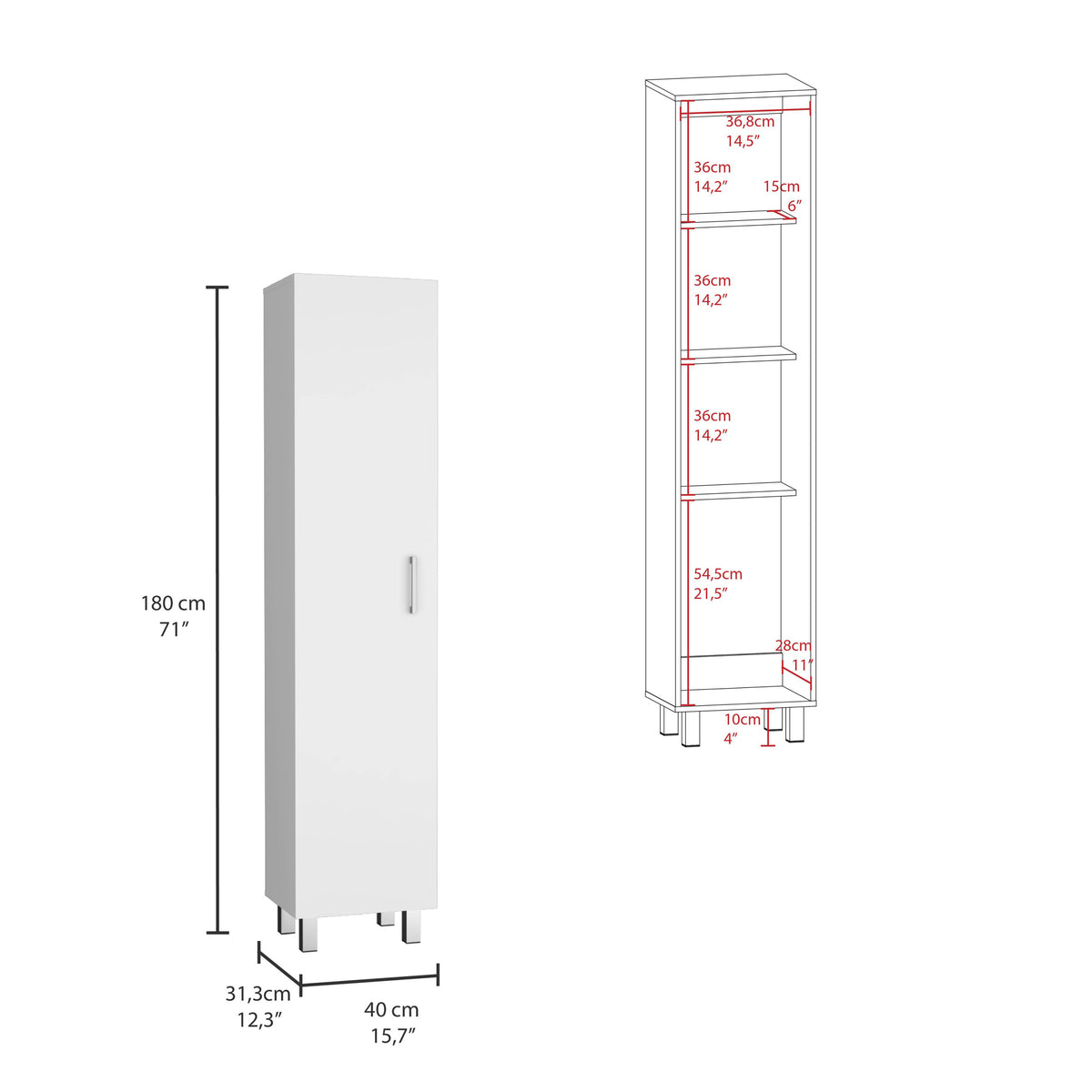 Vintro Storage Cabinet, Broom Hangers, Metal Handle White Vertical Natural White White Dining Room Modern Particle Board Particle Board