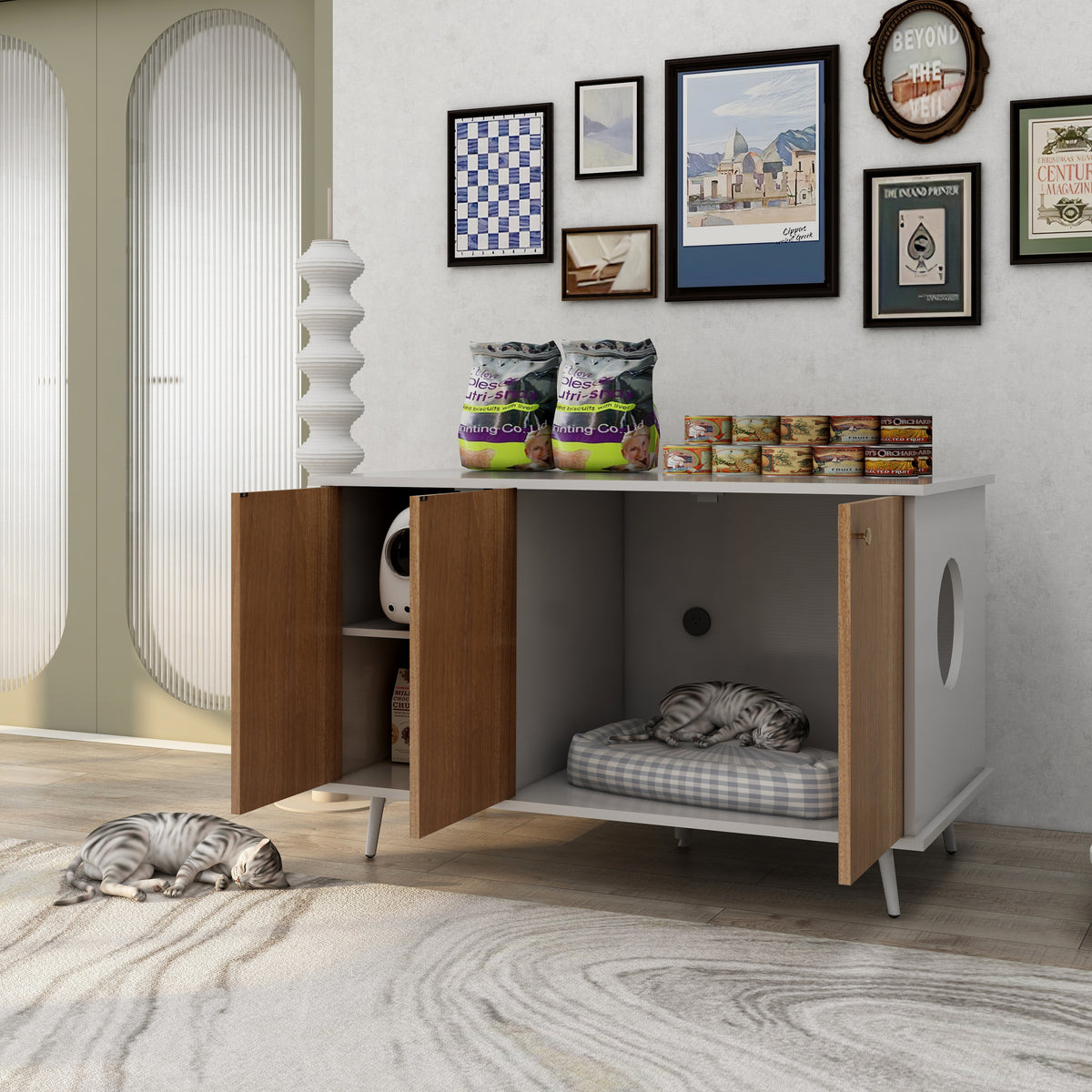 Litter Box Enclosure, Cat Litter Box Furniture With Hidden Plug, 3 Doors,Indoor Cat Washroom Storage Bench Side Table Cat House, Large Wooden Enclused Litter Box House White Walnut Mdf