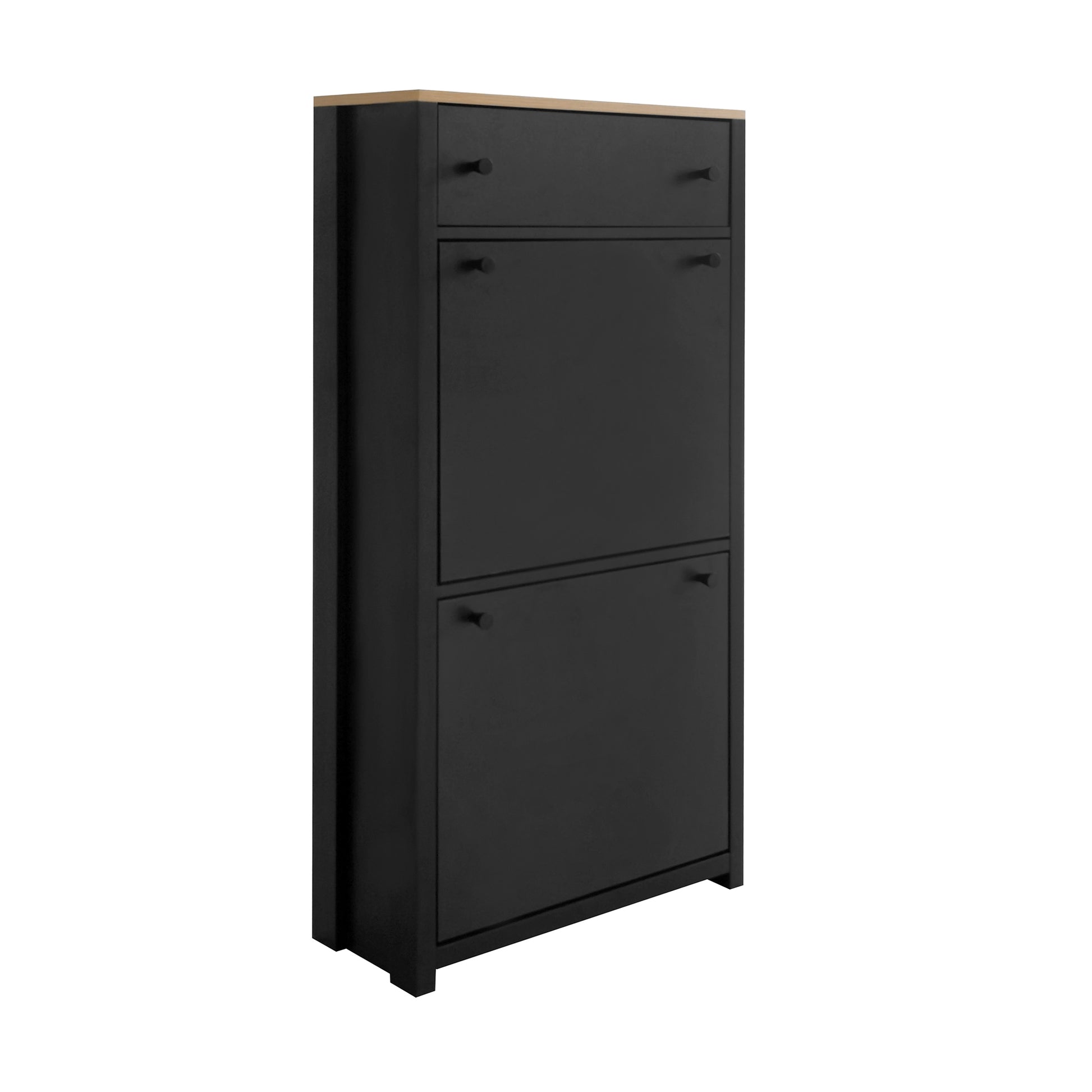 Functional Entryway Organizer With 2 Flip Drawers, Wood Grain Pattern Top Shoe Cabinet With Drawer, Free Standing Shoe Rack With Adjustable Panel For Hallway, Black Freestanding 3 4 Drawers Black