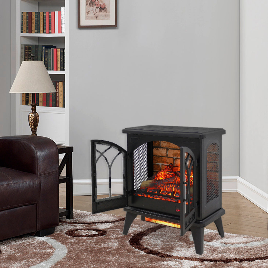 24 Inch 3D Flame Electric Infrared Quartz Fireplace Stove With Remote Control Powder Coated Electric Yes Antique Black Vent Free Yes Freestanding Tempered Glass Sheet Metal Electric