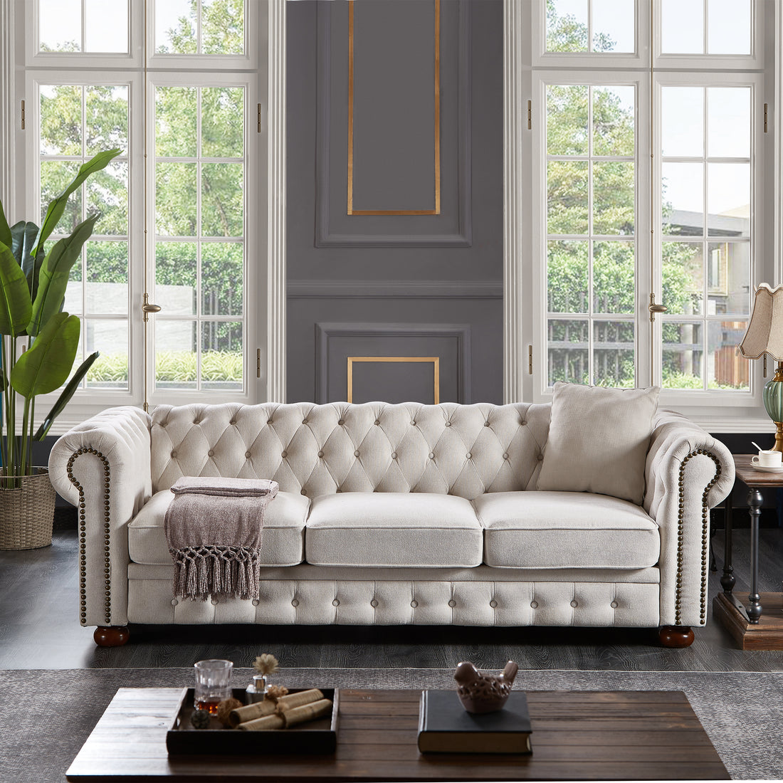 Chesterfield Sofa Beige Linen Fabric Beige Beige Foam Fabric