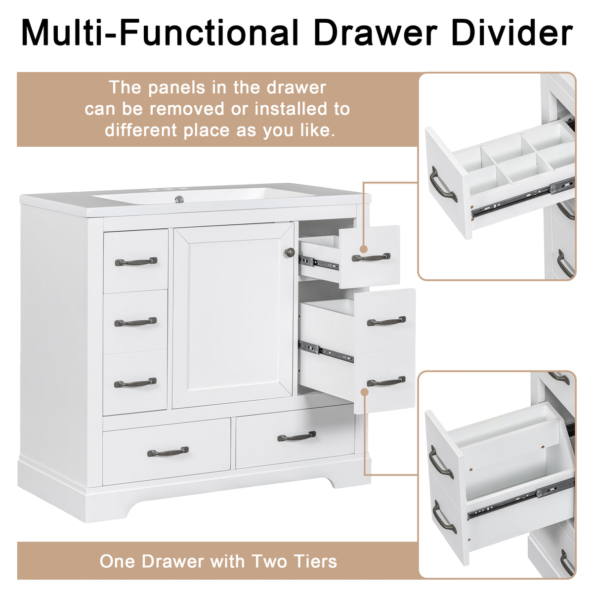 36" Bathroom Vanity With Sink Combo, Six Drawers, Multi Functional Drawer Divider, Adjustable Shelf, White Old Sku:Sy999808Aak White Solid Wood Mdf