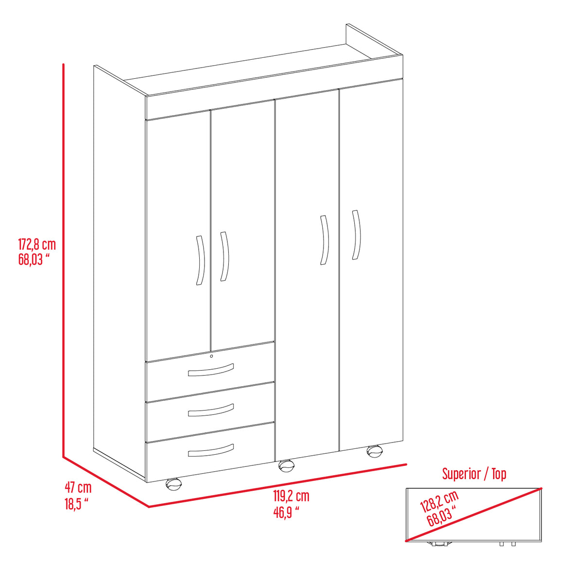 Denver Mobile Armoire, With Hanging Rods, Double Door Cabinet, Three Drawers, Two Shelves Black Black Particle Board